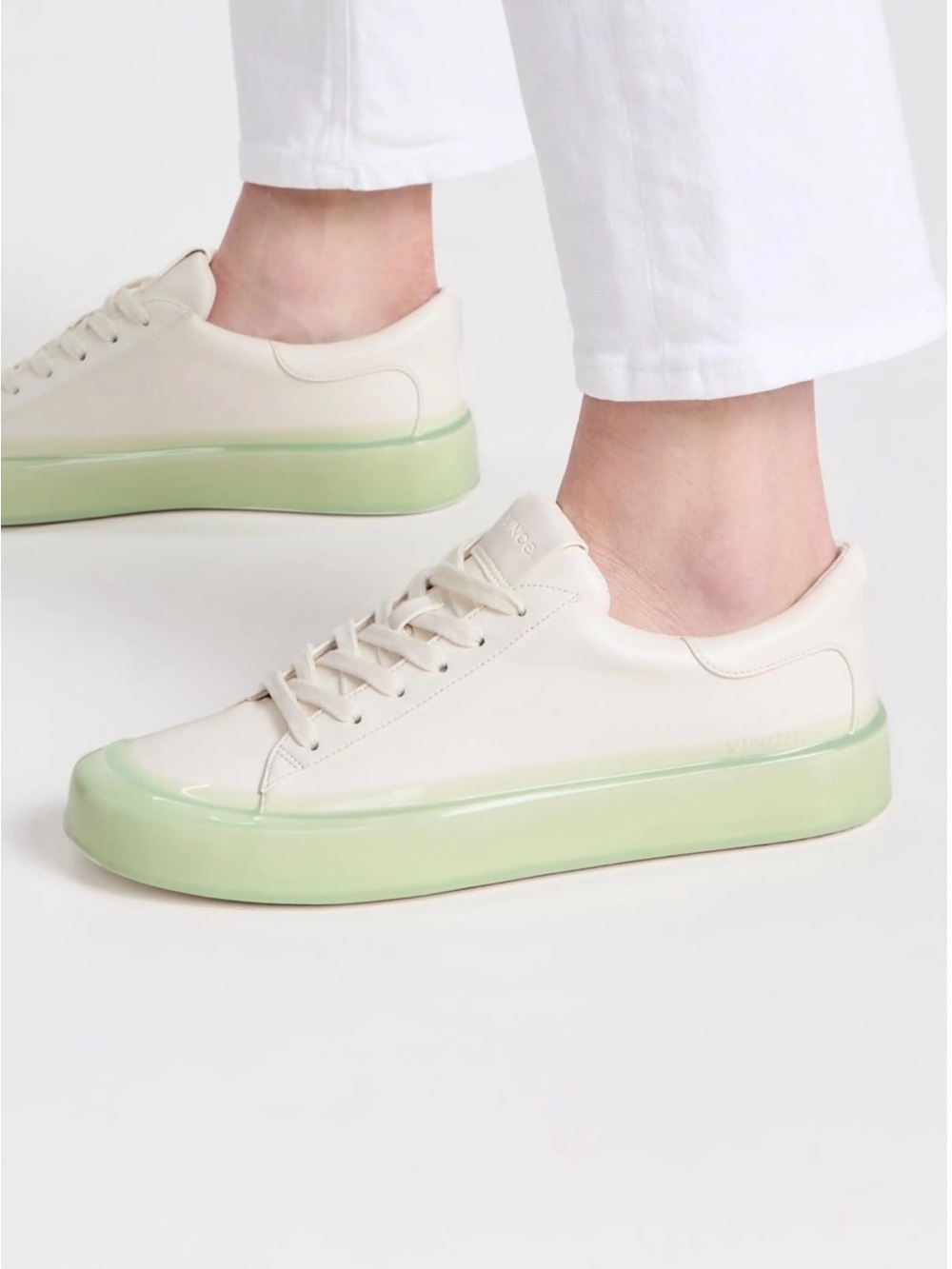 Vince White Leather Platform Sneakers Mint Green Sole Lace Up Shoes US 9.5
